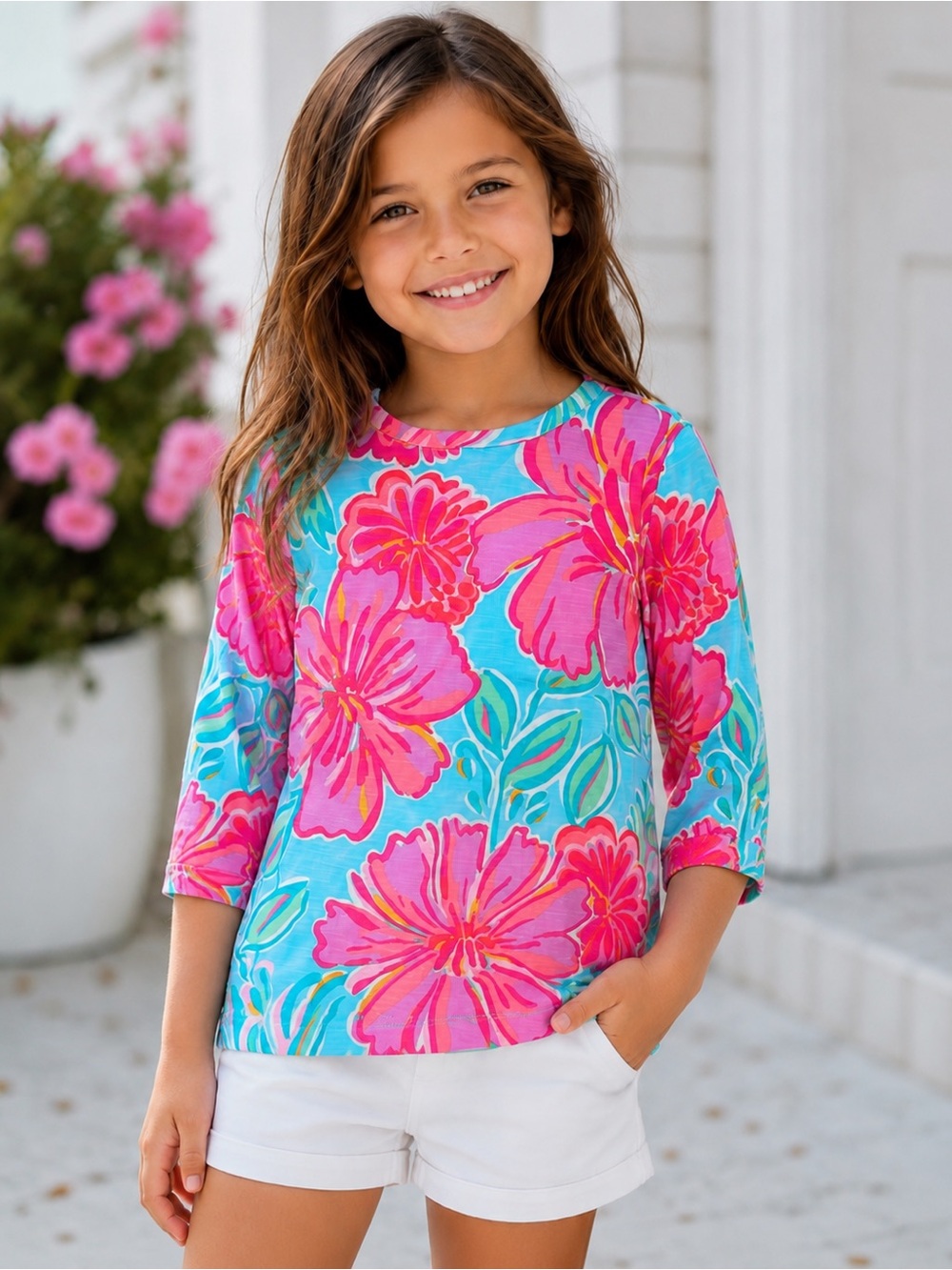 NWOT Lilly Pulitzer Girls 3/4 Sleeve Floral Tee - Pink & Aqua - Size L (8-10)